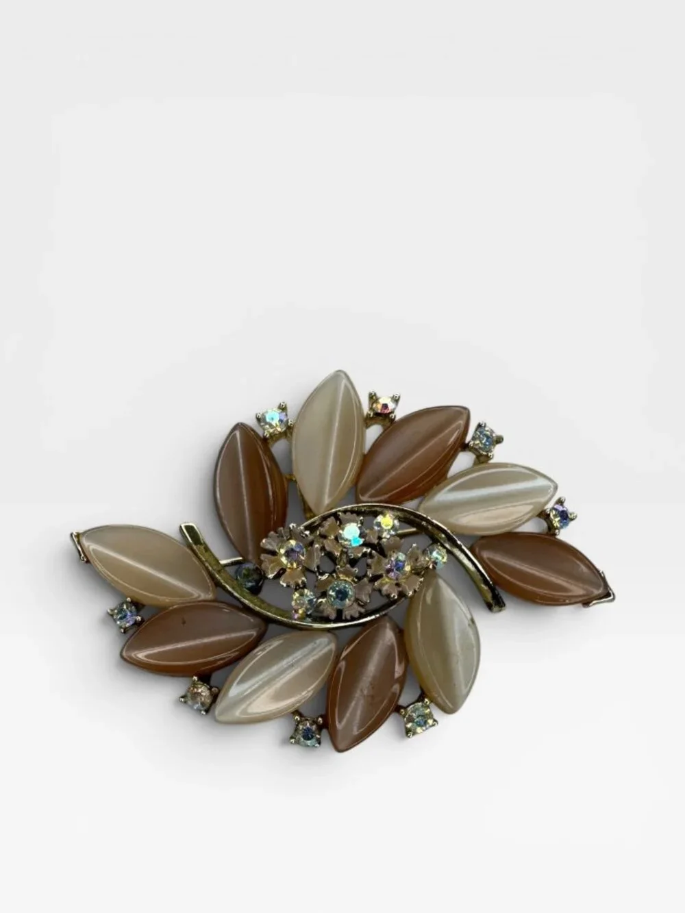 Lisner Lucite Leaf Brooch AB Crystal Floral Spray Pin Gold Tone